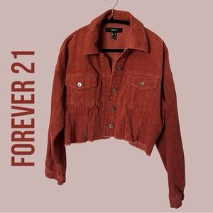Forever 21 Corduroy Coral Red Crop Shacket Shirt Jacket Front Pockets Raw Hem L